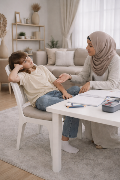 Mother with child studying